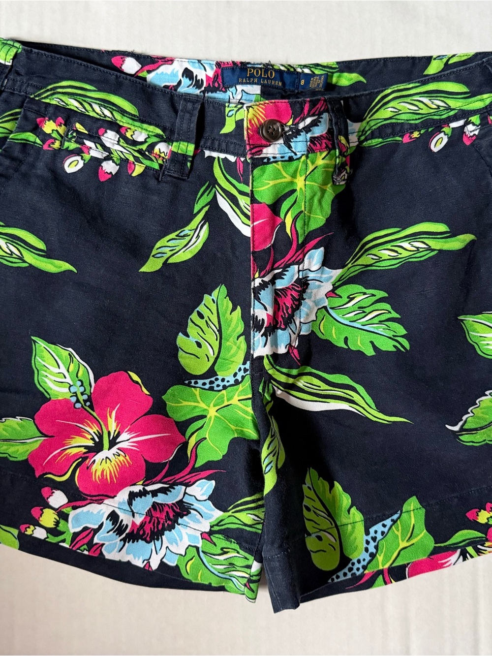 Ralph Lauren Navy Floral Bermuda Shorts with Bright Tropical Print